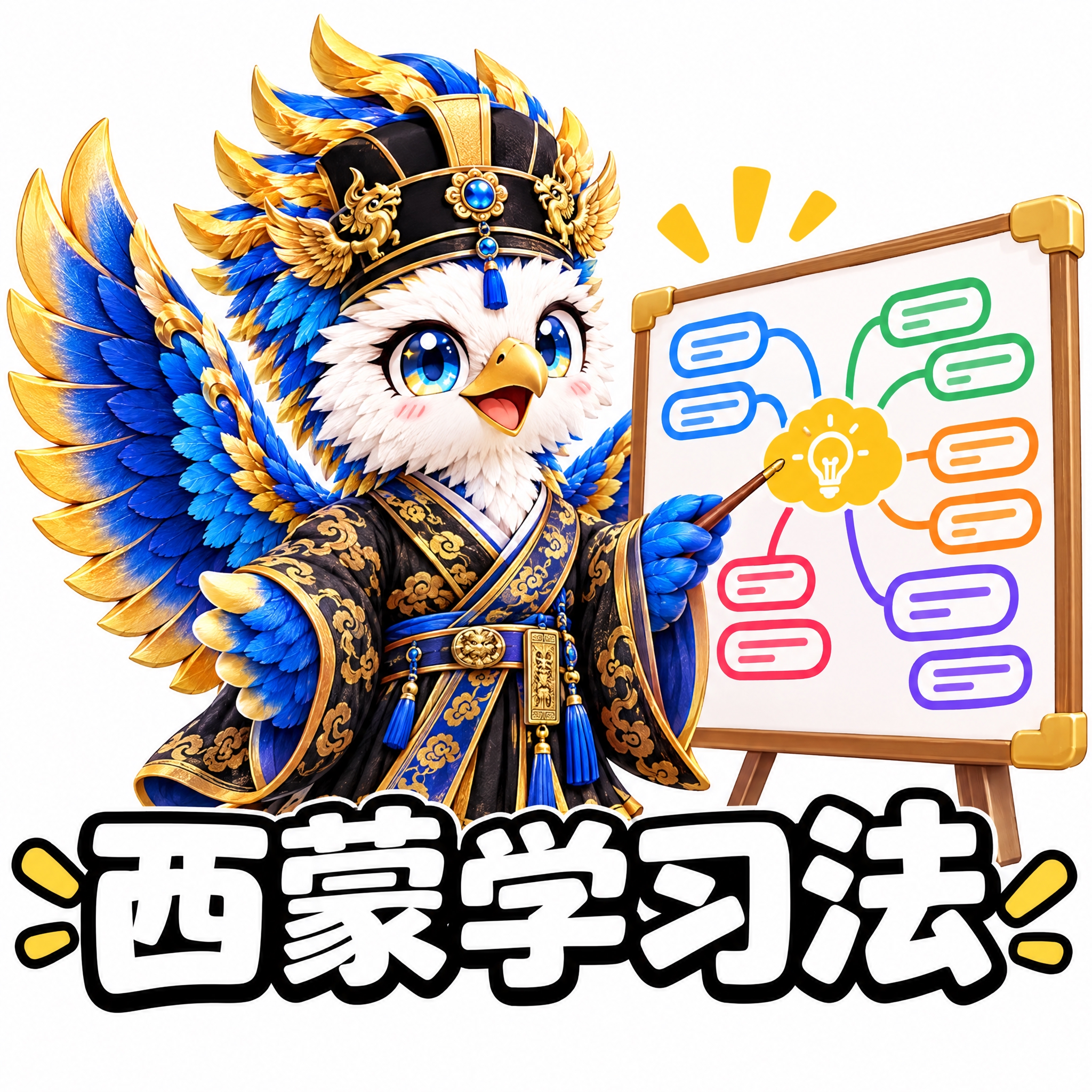 参考图中的蓝金鹰形神兽（穿黑金汉服、展翅），做成可爱表情包风格… - 图片创意预览