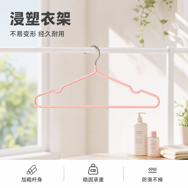 [主图-1] 浸塑衣架产品首图，真实家居阳台场景展示；[氛围风格] 家居简约风，明亮干净整洁；[画质] 商业摄影质感，光线柔和通透，产品清晰真实，画面干净高级；[元素] 粉色浸塑衣架悬挂在简约白色晾衣预览效果