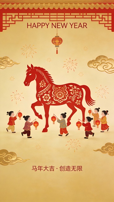 主体为马年春节的喜庆氛围，采用极简主义风格并结合留白和居中构图。画面以柔和的红色和金色为主色调，象征着春节的热闹与繁荣。中心是一匹轻盈且充满活力的剪影马，马身上雕刻着精致的传统中国花纹，象征着好运和力预览效果