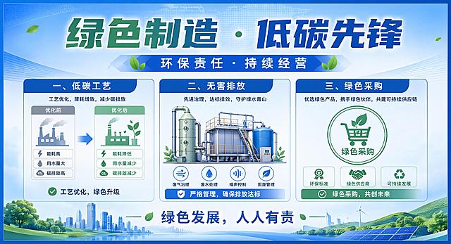 蓝色主色调的正式商务环保宣传喷绘海报，版式精美，分区清晰。主标题文字"绿色制造 · 低碳先锋"，副标题文字"环保责任 · 持续经营"，内容分为三个板块：一、低碳工艺，区域配有工艺优化对比示意图；二、无害排放，区域配有环保处理设备示意图；三、绿色采购，区域配有绿色采购标识示意图，底部文字"绿色发展，人人有责"。整体风格简洁商务，蓝色渐变背景搭配绿色装饰元素，信息层级清晰，所有文字清晰可读，四边留足安全边距。