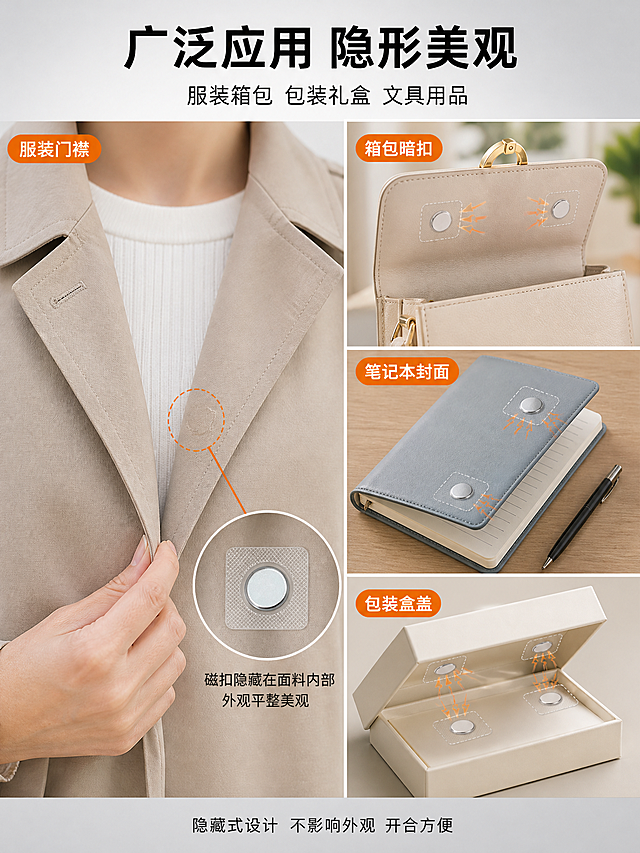 [详情页-第5张 应用场景] PVC包胶隐形磁扣 实际使用场景展示。
[商品] 使用【图1】PVC包胶隐形磁扣；保留方形包胶、金属磁面、PVC透明纹理；产品隐藏在面料内部时仅示意磁吸效果，不改变产品结构。
[画面] 目标：展示产品在真实场景中的使用方式和效果，帮助买家理解用途。构图：左右分栏，左侧约50%放服装箱包应用场景，右侧约50%放其他应用场景；左半部分：一件外套门襟处，隐形磁扣隐藏在面料内部，外部看不到磁扣，面料自然吸附闭合，旁边有小放大圈指示磁扣位置；右半部分：分三个小场景，从上到下分别是：包包磁吸扣、笔记本封面磁吸、包装盒磁吸盖；每个小场景有产品应用效果。
[视觉] 套系策略：风格=1688 B端工业工厂风，简洁专业；标题字=粗黑体；正文字=常规黑体；主色=深灰+浅灰工业色系；背景延展=浅灰渐变+各场景柔和背景；强调色=深橙色，用于场景标签和指示圈；标题色=黑色；正文色=深灰色；组件=场景标签、放大指示圈、引线标注；光影=各场景自然光效果，整体协调。
[文字] 顶部居中主标题："广泛应用 隐形美观"；副标题："服装箱包 包装礼盒 文具用品"；每个场景旁有标签说明："服装门襟""箱包暗扣""笔记本封面""包装盒盖"；底部一行小字："隐藏式设计 不影响外观 开合方便"。
[规格] 图片比例3:4竖版，2K，避免变形、错字、文字过小、极限词、二维码、平台Logo、产品穿模。