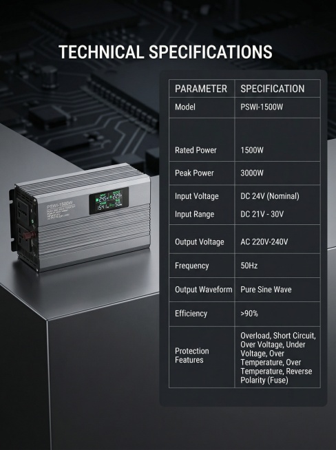 Pure sine wave inverter full parameter specification display, product on the left, technical paramet预览效果