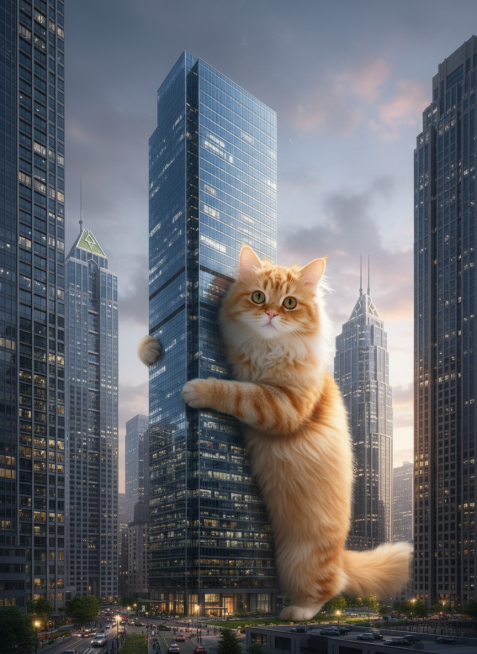 在现代化高楼林立的城市里，主体一只巨大的橘猫抱着一栋大厦，橘猫的身体与大厦一样大，巨物感，超现实主义预览效果