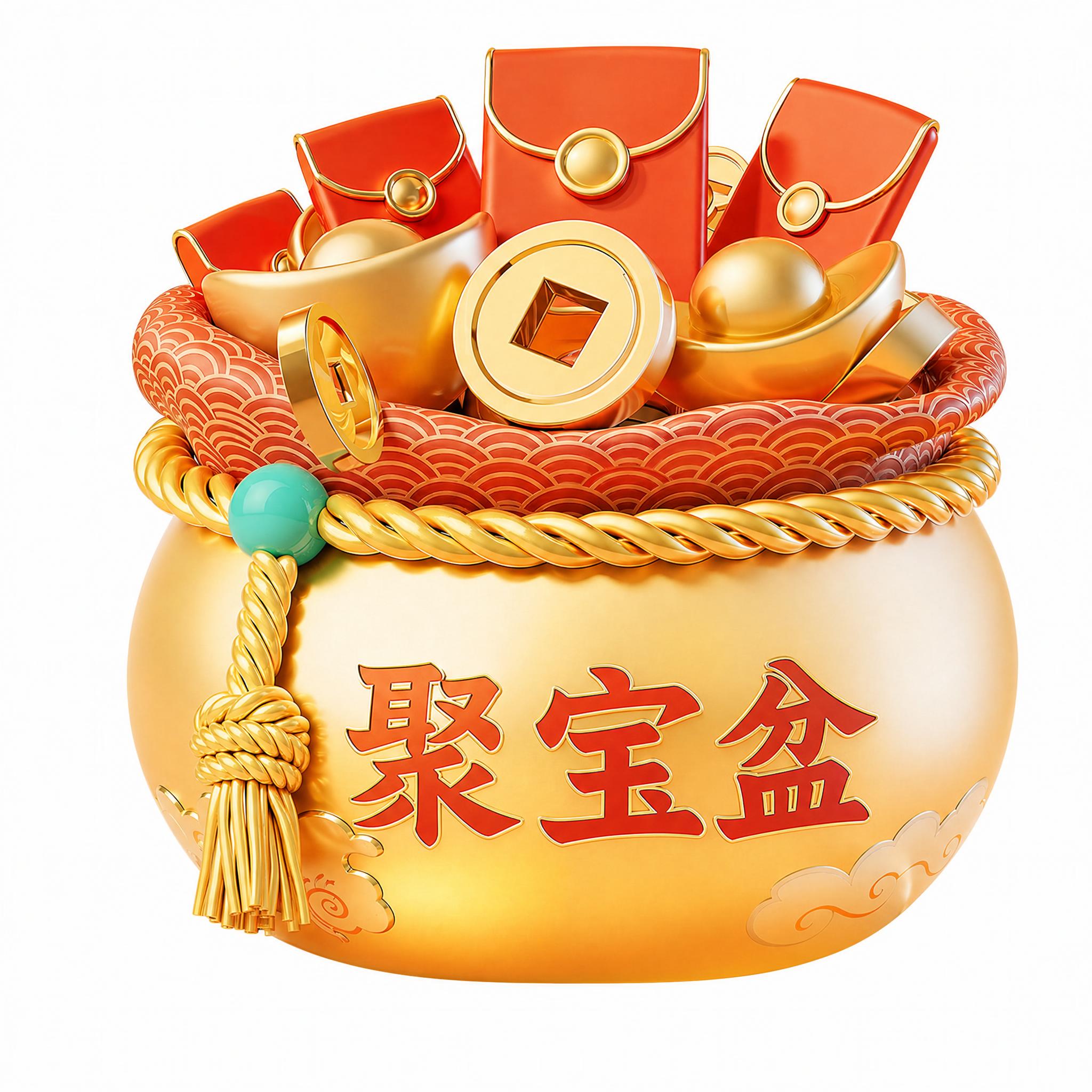 保持图中金色聚宝袋的3D立体效果完全不变，袋内装满红包、金元宝… - 图片创意预览