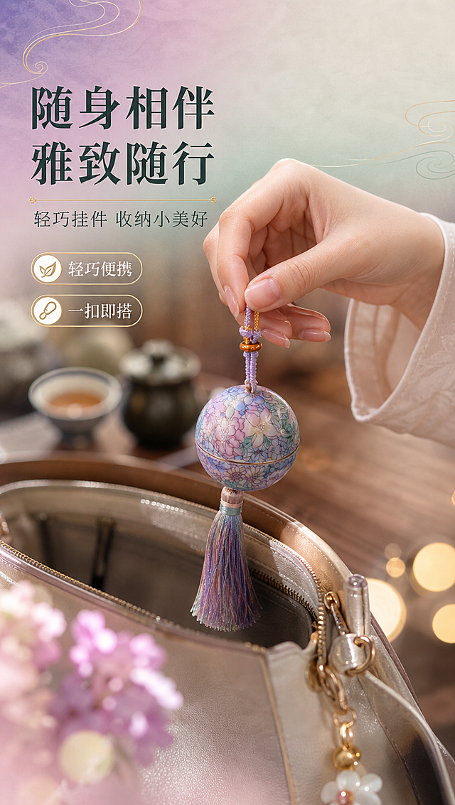[商品] 使用【图1】骨子里国风万花款珐琅彩陶瓷分装罐挂件；保留球形瓷罐、珐琅彩花纹、编绳挂扣、渐变流苏全部外观；商品处理：保持产品原貌，增强质感，展示被手持挂扣的真实使用状态。
[画面] 页面目标：使用瞬间，体现随身便携与日常使用的真实感；构图为亚洲女性手部特写，手指轻捏挂件编绳挂扣，将挂件从包中取出/挂入的自然动作，手部皮肤细腻，指甲简约干净；产品位于画面中心偏右，占画面45%；背景为虚化的中式茶桌或通勤包内景，营造生活氛围感；前景点缀柔光光斑。
[视觉] 套系策略：风格=新中式雅致商业摄影；标题字=宋体衬线粗体；正文字=纤细无衬线体；主色=粉紫青渐变；背景延展=基于粉紫青做深浅层级、同色渐变和宣纸/丝绸质感；强调色=描金暖金色，仅用于小面积图标、引线、标签和装饰线条；标题色=深墨青；正文色=中暖灰；组件=圆角金线信息卡、细金线引线、云纹装饰元素；光影=左前侧暖柔光，手部与产品受光均匀自然。
[文字] 画面左上区域主标题「随身相伴 雅致随行」，副标题「轻巧挂件 收纳小美好」；下方2个体验点：轻巧便携 / 一扣即搭；文字横向排版，位于左上留白区，不遮挡手部与产品主体。
[规格] 图片比例9:16竖版，4K分辨率，负向提示：避免变形、错字、文字过小、冷蓝灰背景、产品颜色改变、结构失真、二维码、水印、绝对化用语、欧美面孔。