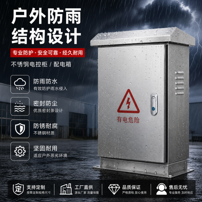 户外防雨配电箱 不锈钢电控柜，工厂实力风，突出产品户外防雨结构设计卖点，文字为'户外防雨结构设计'，适配爱采购平台，整体风格专业大气预览效果