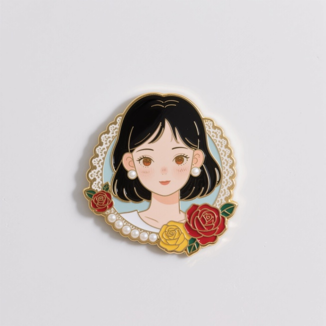 金边珐琅金属冰箱贴，欧美风，带珍珠耳钉的少女，珍珠，红黄玫瑰、蕾丝，体现少女纯真的面容，低饱和配色。预览效果