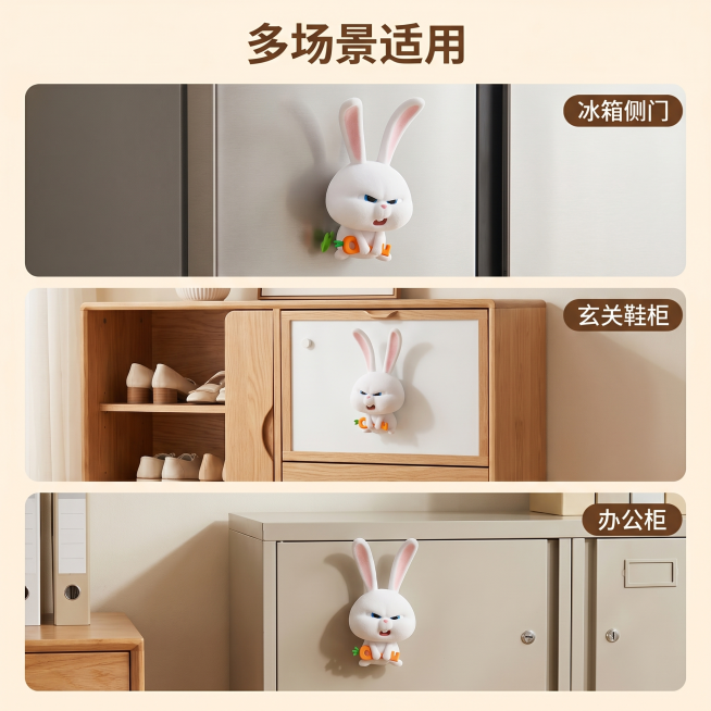 [主图 6] 兔老大植绒冰箱贴多场景搭配展示图。[氛围风格] 温馨居家，真实自然。[画质] 商业摄影质感，光线柔和通透，产品清晰真实，画面干净高级。[元素] 展示兔老大冰箱贴同时贴在冰箱侧面、玄关鞋柜预览效果