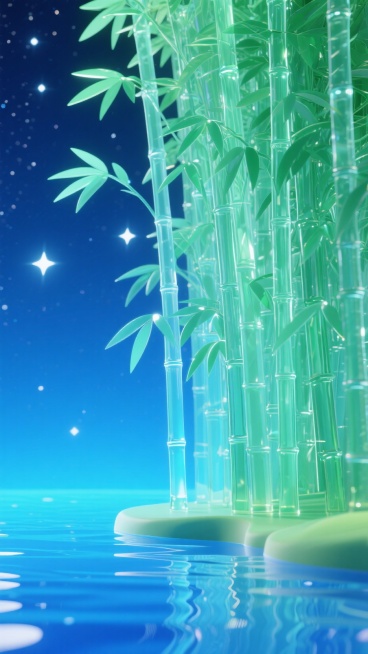 茂密的竹林深处，碧波荡漾的湖面，背景是星空，整体呈现浅墨绿色调和蓝色碰撞预览效果