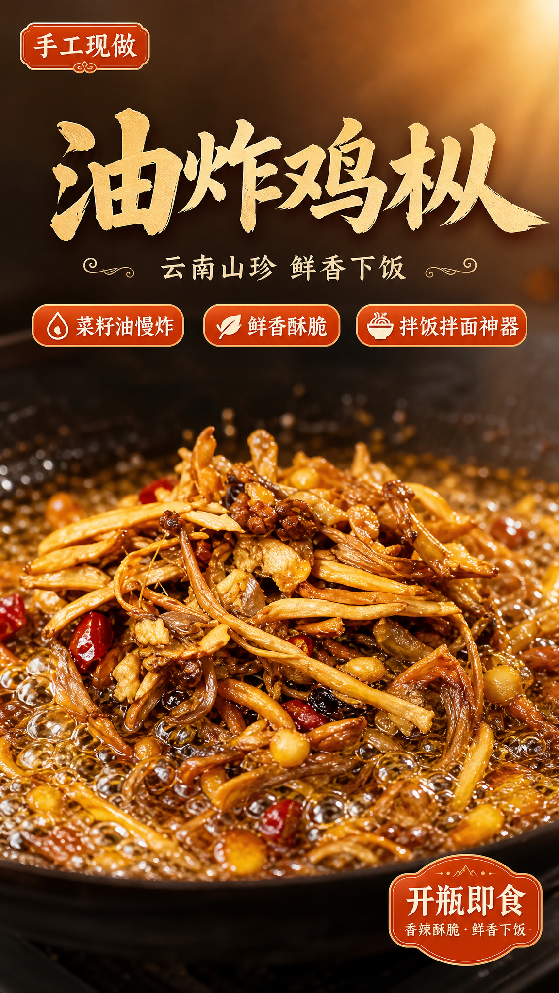 写实商业摄影风格的油炸鸡枞食品海报，9:16竖版，2K分辨率，… - 图片创意预览