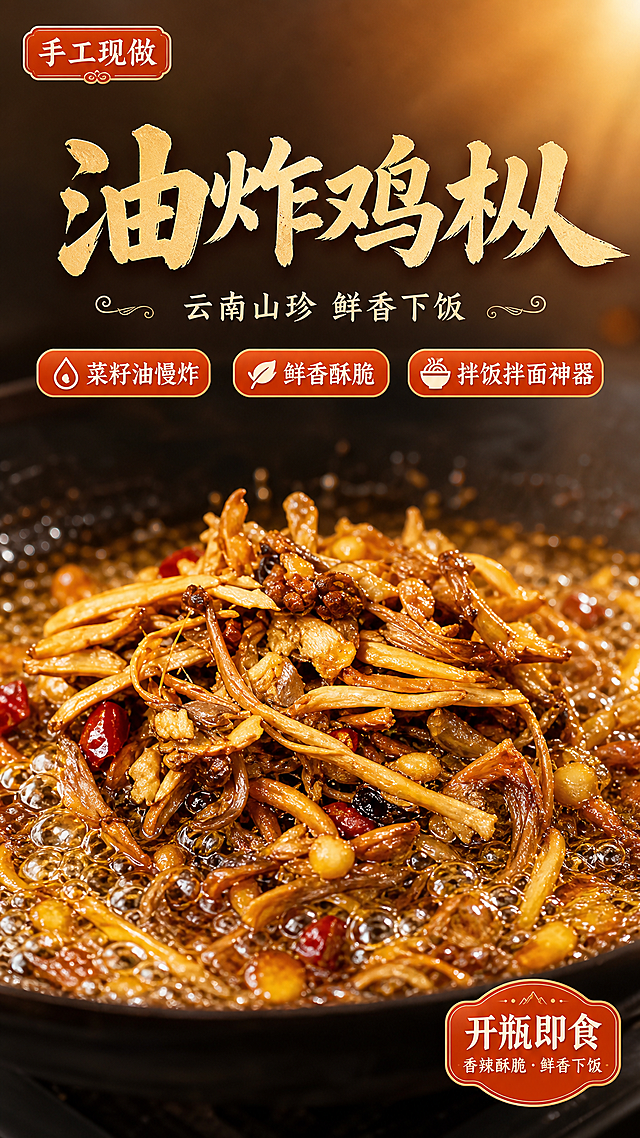 写实商业摄影风格的油炸鸡枞食品海报，9:16竖版，2K分辨率，版式精美。画面中下部为油炸鸡枞产品特写，鸡枞菌在金黄菜籽油中色泽诱人、油润有光泽，保留原图中鸡枞的形态与质感，产品占画面约60%。背景为暖棕色渐变，营造厨房烟火气与食欲感，顶部有柔和暖光照射，油泡有高光反射，整体色调温暖浓郁。画面上方主标题大字："油炸鸡枞"，副标题："云南山珍 鲜香下饭"。画面右侧和下方分布三个卖点标签："菜籽油慢炸"、"鲜香酥脆"、"拌饭拌面神器"，标签为圆角矩形，暖橙底色配白色文字。左上角有"手工现做"小标签，右下角有"开瓶即食"小标签。文字均放在负空间，不遮挡产品主体。四周留足安全边距，排版层次分明。画面中所有信息区域必须填充完整合理的内容，不得出现空白框或占位。超高清画质，食材真实饱满，油润有食欲感。