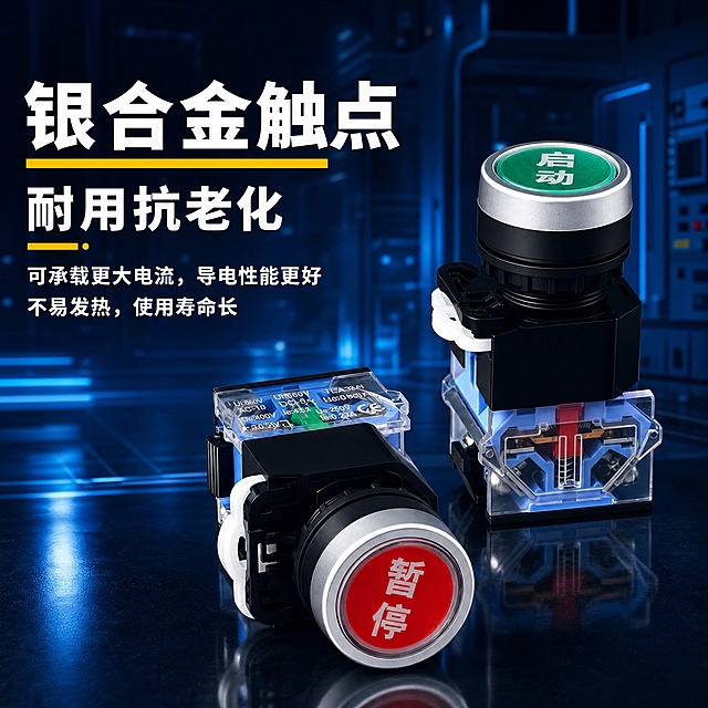 基于原图进行修改和重新排版，具体要求如下：

1. 背景更换：将原图背景替换为深蓝色工业科技风背景，带有蓝色光效、工业设备轮廓、光斑效果，整体呈现专业的工业科技氛围，类似工业控制室或工厂设备间的深蓝色科技感环境，底部有深色反光台面。

2. 产品精修：对两个LA38按钮开关进行产品精修，清理灰尘、划痕、毛边，金属银色边缘高光清晰利落，黑色塑料部件质感均匀细腻，透明部件晶莹剔透，按钮表面的文字清晰锐利，整体产品光影自然，立体感强。

3. 去除内容：
   - 完全去除产品本体上的"CHKL"及"浙江凯蓝电气"相关品牌字样
   - 产品上保留型号、参数和功能符号文字

4. 文案保留与字体：
   - 保留原图所有文案内容："银合金触点"、"耐用抗老化"、"可承载更大电流，导电性能更好 不易发热，使用寿命长"
   - 所有文字字体统一使用思源黑体 Bold（粗黑体）
   - "银合金触点"为最大号主标题，白色粗体，下方配黄色装饰横线
   - "耐用抗老化"为第二层级副标题，白色粗体，下方配黄色短装饰线
   - 说明文字"可承载更大电流..."为较小号白色文字，清晰易读

5. 重新排版（整齐规范）：
   - 采用左文右品的经典版式，左侧为文案区，右侧为产品展示区
   - 文案区在左侧，从上到下依次排列：主标题"银合金触点"、副标题"耐用抗老化"、说明文字，左对齐，行间距均匀，整体排版整齐有序
   - 产品区在右侧，两个按钮开关错落摆放，绿色"启动"按钮在上方偏后，红色"暂停"按钮在下方偏前，形成前后层次感，产品占画面约50%-60%
   - 两个产品底部都有自然的接触阴影和台面倒影，不悬浮
   - 整体画面左右平衡，信息层级清晰，不拥挤不杂乱

6. 光影质感：商业产品摄影质感，主光从左上方打来，产品右侧有柔和补光，金属反光真实自然，透明部件有通透感，产品与深蓝色科技背景自然融合。

7. 尺寸：800*800像素

8. 负向要求：禁止变形、错字、模糊、水印、多余品牌标识、产品结构错误、悬浮感、背景杂乱、改变产品颜色、排版混乱。