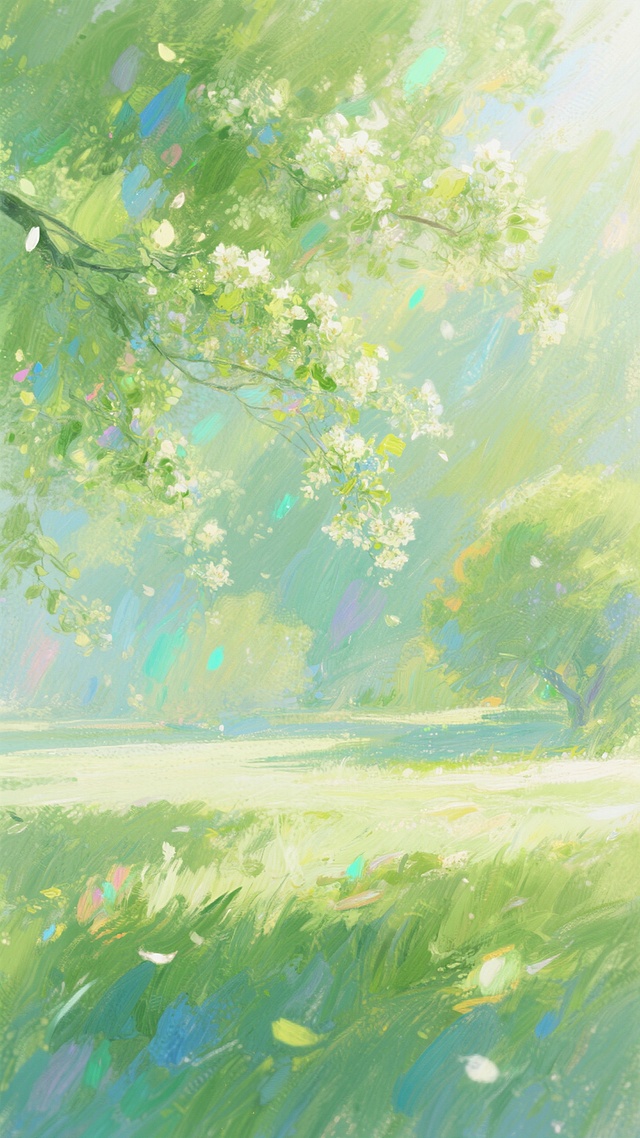 水彩插画风，清新梦幻的春日景象，绿意盎然，花影婆娑。