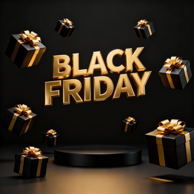 一张3D渲染风格的Black Friday促销海报，整体以深邃黑色为背景，搭配奢华的金色作为主色调，保持原图的色彩和谐与金属质感。画面中央是醒目的立体金色"BLACK FRIDAY"字样，字体厚重有光泽，边缘锐利清晰，悬浮于画面上方成为视觉焦点。周围环绕着多个黑色礼盒，每个礼盒都系着精致的金色蝴蝶结，礼盒大小不一，以动态的角度悬浮在空间中，部分礼盒带有细微的阴影投射，增强立体感和空间层次。底部……预览效果