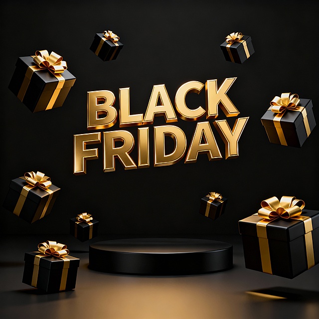 一张3D渲染风格的Black Friday促销海报，整体以深邃黑色为背景，搭配奢华的金色作为主色调，保持原图的色彩和谐与金属质感。画面中央是醒目的立体金色"BLACK FRIDAY"字样，字体厚重有光泽，边缘锐利清晰，悬浮于画面上方成为视觉焦点。周围环绕着多个黑色礼盒，每个礼盒都系着精致的金色蝴蝶结，礼盒大小不一，以动态的角度悬浮在空间中，部分礼盒带有细微的阴影投射，增强立体感和空间层次。底部中央设有一个圆形黑色展台，作为画面的稳定基底。整体光影效果较原图略微提升亮度，使金色元素更加闪耀突出，黑色背景更显深邃而不沉闷，营造出热闹、奢华且充满购物欲望的促销氛围。