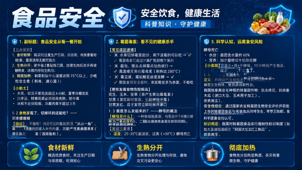 食品安全科普宣传海报，设计风格为专业简洁科技科普风，整体清晰专业。使用图1深蓝色科技电路板作为背景，排版放入图2的食品安全科普文字内容，保留所有文字且文字清晰可读，画面比例16:9。主标题为"食品安全预览效果
