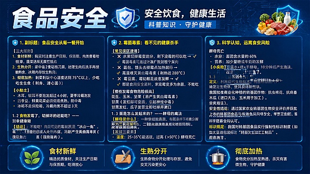 食品安全科普宣传海报，设计风格为专业简洁科技科普风，整体清晰专业。使用图1深蓝色科技电路板作为背景，排版放入图2的食品安全科普文字内容，保留所有文字且文字清晰可读，画面比例16:9。主标题为"食品安全"，副标题为"安全饮食，健康生活"，装饰文字为"科普知识 · 守护健康"，卖点分三点：食材新鲜 生熟分开 彻底加热，排版精美，层级分明，文字清晰，专业科普氛围。