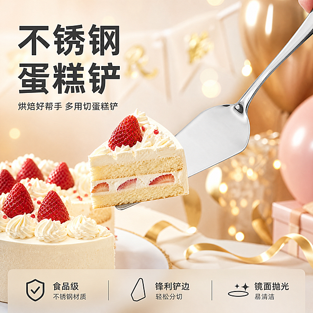 [主图-1] 不锈钢蛋糕铲生日蛋糕场景首图。氛围风格：温馨生日派对氛围，电商产品风。画质：商业摄影质感，光线柔和通透，产品清晰真实，画面干净高级。元素：不锈钢蛋糕铲优雅铲起一块蓬松奶油草莓蛋糕，蛋糕层次分明，奶油纹理清晰，背景是柔和虚化的生日派对布置，有气球和丝带装饰，干净明亮。保持不锈钢蛋糕铲外观（物理结构、材质质感、颜色）与输入产品图绝对一致，杜绝任何变形和色差，精细化处理。商品主体占比严格控制在65%左右，画面满屏无边框。光影：主光源为暖调柔光，打亮蛋糕和铲子表面，呈现不锈钢镜面光泽，背景虚化突出主体，光比舒适，高光不溢，暗部有层次。配色：主色调为奶白暖金色，点缀草莓红色，整体温馨明快。视角构图：平视特写，浅景深突出蛋糕铲和蛋糕，轮廓完整不裁切。文字版式：左上负空间左对齐留安全边距，大字文案写"不锈钢蛋糕铲"，大号加粗深灰色无衬线字体，辅助短句写"烘焙好帮手 多用切蛋糕铲"，字体缩小一半，同色系。底部三列均分，每列短句上重下轻：列一「食品级」「不锈钢材质」，列二「锋利铲边」「轻松分切」，列三「镜面抛光」「易清洁」，文字和背景对比清晰，极简短句，一目了然。比例分辨率：1:1比例，2048*2048，分辨率2K，文字清晰可辨，超高清。负向提示词：变形，水印，文字错乱，产品图模糊，背景杂乱，文字遮挡主体。