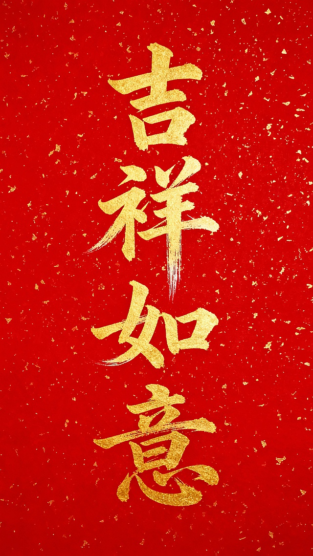 纯红色背景上布满细密金色洒金纹理，中央纵向排布四个金色毛笔书法大字，字体风格为传统中国书法中的行草结合体，笔画粗细变化自然，起笔收笔带有飞白效果，整体呈现出喜庆、吉祥、庄重的氛围，文字占据画面主要视觉空间，无其他装饰元素。