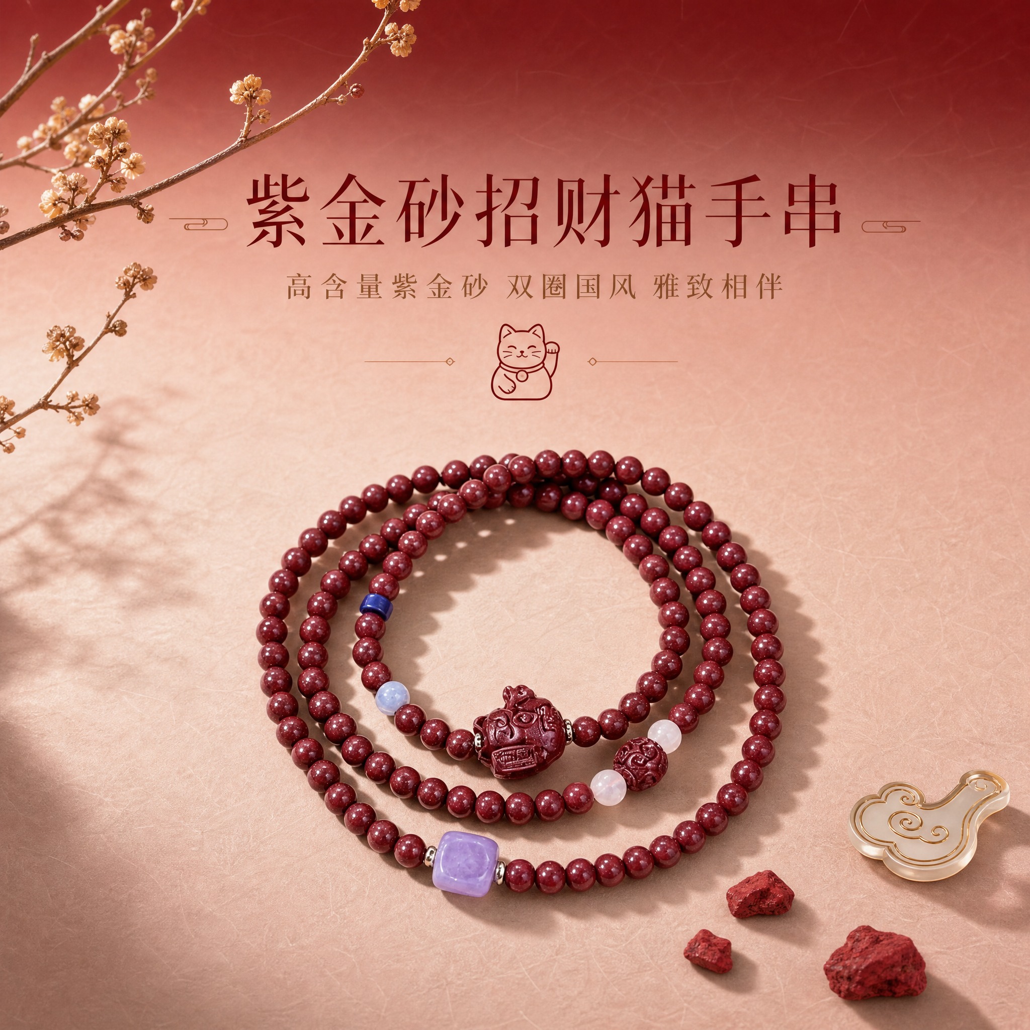 [商品] 使用【图1】紫金砂招财猫平安转运珠双圈手串；保留双圈… - 图片创意预览