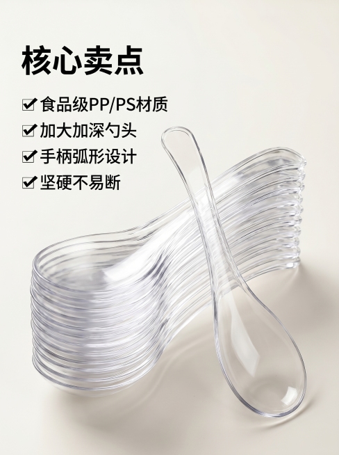 「图片1」「图片1」「图片1」「图片1」「图片1」「图片1」「图片1」「图片1」「图片1」「图片1」完全重绘1688电商主图，商品是食品级一次性808勺，100%更换全新背景、场景、构图、文案排版，勺预览效果