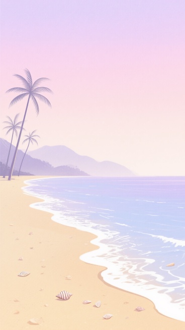 极简主义插画风格的海边风景，柔和的粉紫色渐变天空下，平静的海面呈现出梦幻的淡蓝与浅紫交融，细腻的金色沙滩上点缀着零星的贝壳与海螺，远处的海岸线被朦胧的山脉轮廓环绕，几棵简约线条勾勒的椰子树伫立在岸边，轻柔的海浪带着白色泡沫缓缓漫上沙滩，整个画面营造出宁静而浪漫的氛围，光影柔和，色彩清新淡雅，构图采用水平延伸的开阔视角，突出海天一色的悠远意境。预览效果