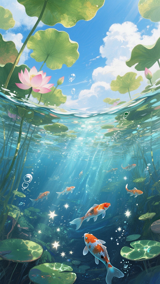 从池塘的水底仰视上方的荷叶荷花的水下世界视角，水底占画面三分之二之多，游过几条锦鲤。阳光照射水面形成星星点点的亮光。夏日的蓝天白云。大透视，生动，动态感，斑驳的光影，特写