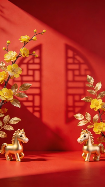 3D渲染风格的中国传统节日场景，以正红色为统一主色调，营造喜庆祥和的氛围，光线从斜上方照射，在红色平面上形成清晰柔和的阴影，背景中央有对称的传统窗棂图案投影，左侧和右侧分别装饰着带有黄色花朵和金色叶子的枝条，花朵形态精致，枝叶舒展自然，在枝条旁融入卡通风格的3D金色骏马装饰元素，马的造型圆润可爱，姿态优雅，与整体画面的红色背景和金色花卉形成和谐的色彩搭配，保持画面整体的对称美感和节日欢庆的氛围……预览效果