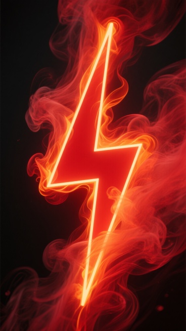 一个明亮的红色闪电符号，边缘带有橙色光晕，周围环绕着红色和橙色的烟雾效果，黑色背景，数字艺术风格，发光效果，高对比度，中心构图。预览效果