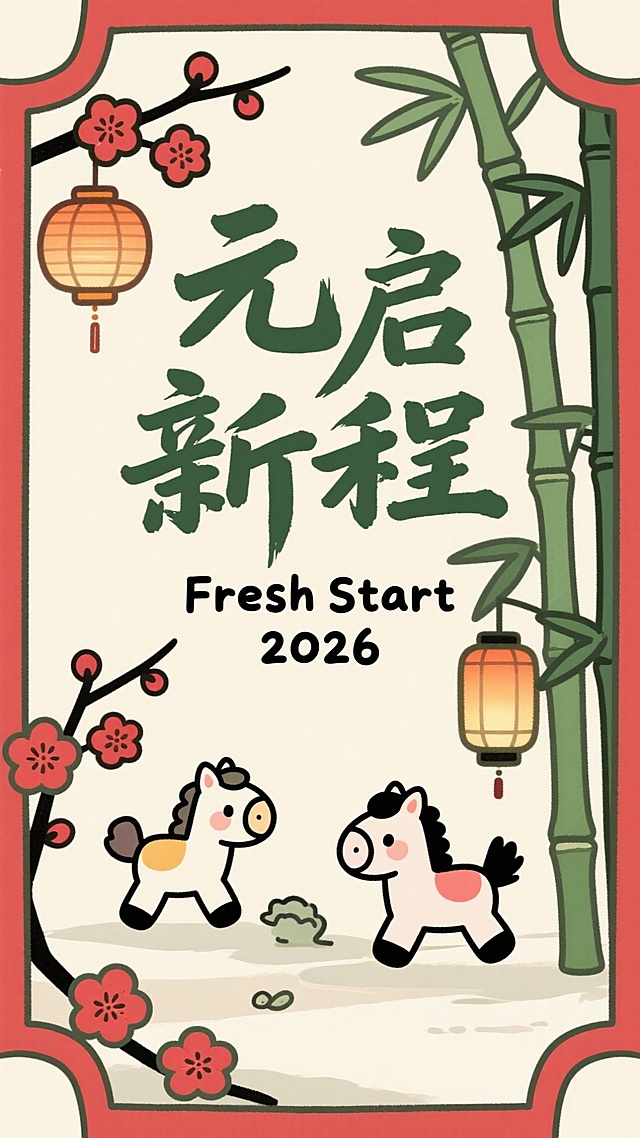国潮风插画，融合剪纸与水墨元素，卡通小马点缀喜庆红梅与竹影，大字“元启新程”呼应新年主题，传递2026年新春祝福。