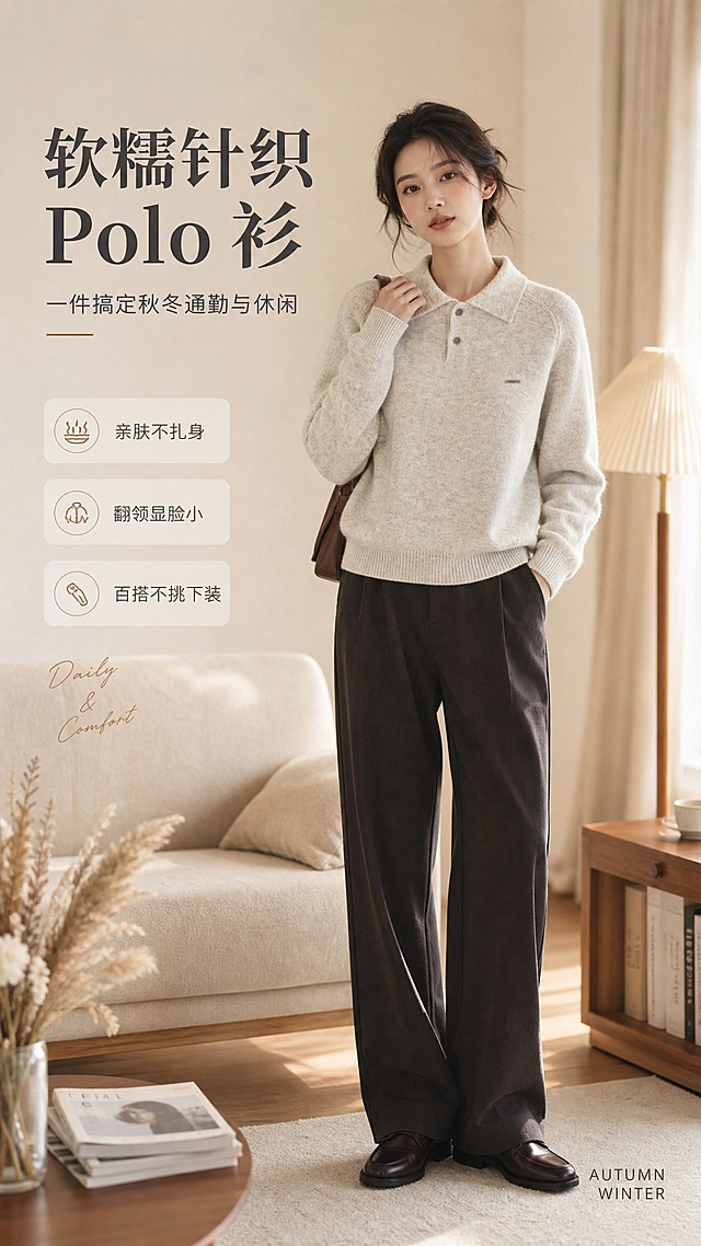 [商品] 使用【图1】米灰色翻领针织Polo衫；商品处理：保留翻领、两粒扣门襟、左胸金属小标、插肩袖、罗纹袖口下摆、米灰杂色针织面料和宽松版型；自然去除衣身杂乱褶皱，理顺垂坠，增强针织纹理、缝线和金属标质感，不改变版型、颜色和结构。
[画面] 目标：风格头图海报，营造秋冬松弛通勤氛围感。构图：左文右图，右侧亚洲女模特穿着该针织Polo衫正面站立主造型，左侧留白放文案；模特姿态自然放松，一手插兜一手轻搭肩，有街拍画报感；产品占画面约55%。景别：全身到小腿。场景：暖调极简公寓客厅，米色沙发、落地灯、木质边几，午后暖光从侧窗洒入，前景点缀干花和杂志，中景模特，后景虚化墙面与窗帘。
[视觉] 套系策略：风格=轻熟通勤高级杂志风；标题字=现代衬线粗体；正文字=简洁无衬线体；主色=米灰燕麦色；背景延展=基于米灰燕麦做深浅层级、同色渐变和细腻织物/哑光纸张质感；强调色=焦糖棕，仅用于小面积图标、引线和标签；标题色=深炭灰；正文色=中暖灰；组件=圆角浅底信息卡、细线引线、手写英文小字装饰；光影=左前侧暖柔光，柔和阴影。
[文字] 左上区域主标题"软糯针织 Polo 衫"，副标题"一件搞定秋冬通勤与休闲"，下方3个短卖点：亲肤不扎身 / 翻领显脸小 / 百搭不挑下装；文字横向排版，层级清晰，不遮挡服装主体、领口和金属标；右下角小号英文装饰"AUTUMN WINTER"。
[规格] 图片比例9:16竖版，4K，避免变形、错字、文字过小、冷蓝/蓝灰背景、衣服颜色改变、版型失真、极限词。