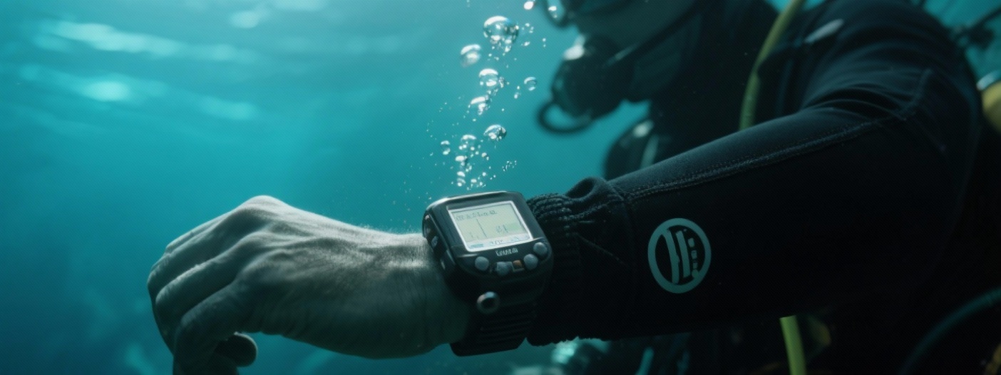 702x263 wide banner, photorealistic underwater close-up of diver wrist wearing dive computer, screen预览效果