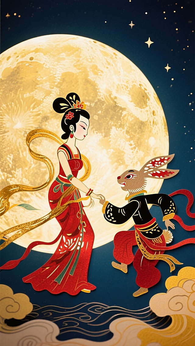 画面正中是一轮巨大的、表面有细微纹理（仿若月球表面）的圆月，它同时也是一个半透明的皮影幕布。月亮之上，用精致、镂空的皮影艺术风格勾勒出嫦娥翩翩起舞的身影和活泼灵动的玉兔。嫦娥的衣带、玉兔的耳朵都采用皮影经典的关节连接点和夸张造型，线条铿锵有力。月亮本身散发出柔和温暖的黄色光晕，而上面的皮影嫦娥与玉兔则使用中国传统的红、黑、金等色彩，与月光形成鲜明对比，突出皮影的质感。前景，机制规划，
背景： 深邃的藏蓝色夜空，点缀着若隐若现的星星。星空可以巧妙地用皮影戏中常见的传统纹样（如云纹、水纹） 来表现，使整体风格统一。