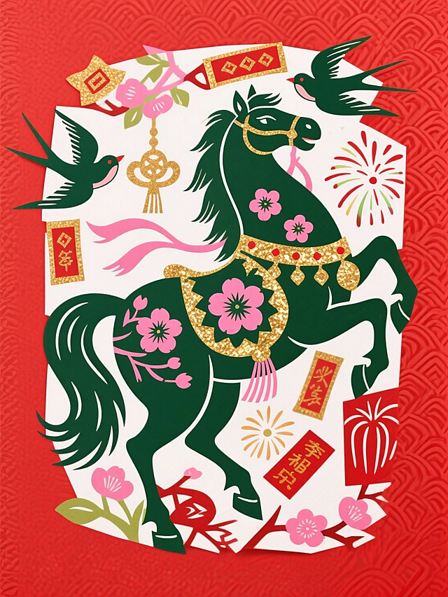 主体是墨绿骏马（装饰粉色桃花纹样、飘带配饰，点缀金箔质感），周围环绕燕子、如意、烟花、春联等吉祥元素，背景为朱砂红纹理，配色浓烈鲜艳（绿、粉、金、红、白等），风格喜庆华贵、充满传统吉祥寓意。