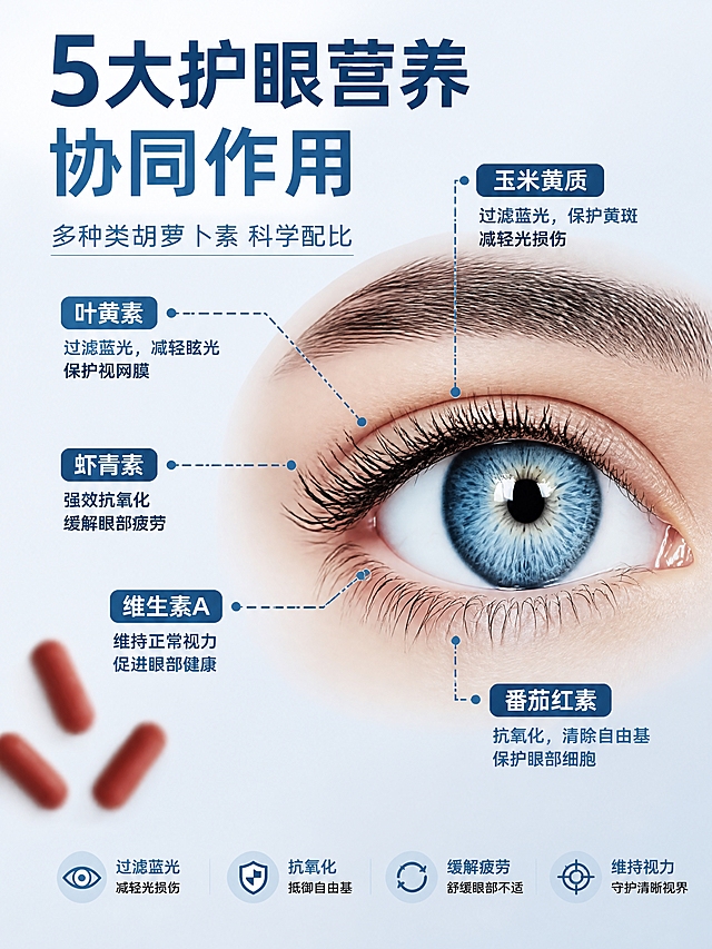 护眼成分功效示意图，详情页第二张。本张使用【图2】作为参考构图，将所有英文翻译成中文并重新排版。浅蓝渐变背景，右侧是人眼特写大图，左侧和周围用虚线引出成分标注。中文大标题「5大护眼营养 协同作用」，副标题「多种类胡萝卜素 科学配比」。成分标注全部改为中文：叶黄素（Lutein）、玉米黄质（Zeaxanthin）、虾青素（Astaxanthin）、维生素A（Vitamin A）、番茄红素（Lycopene），每个成分旁加简短功效说明如「过滤蓝光」「抗氧化」「维持视力」等。左下角有3颗红棕色胶囊虚化装饰。整体专业医疗风，深蓝+浅蓝配色，文字清晰，版式有冲击力。中文简体。