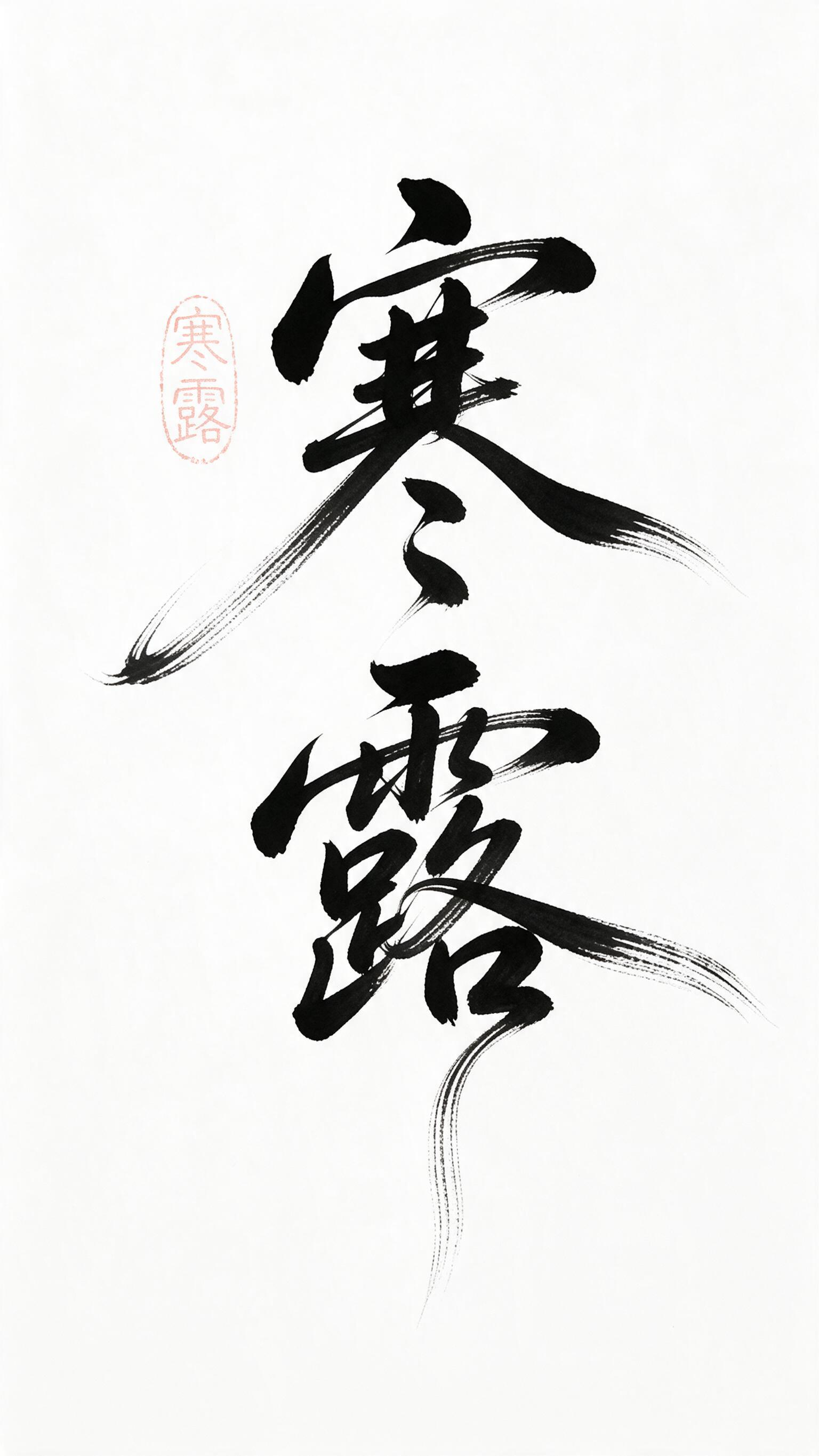 竖版画面，中心是行书毛笔大字“寒露”，笔势飘逸，笔画带有自然长… - 图片创意预览