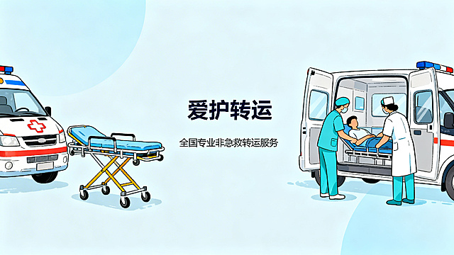 爱护转运，全国专业非急救转运服务，手绘风格服务介绍，干净简约，浅蓝色调，横版，无电话号码，无公众号字样