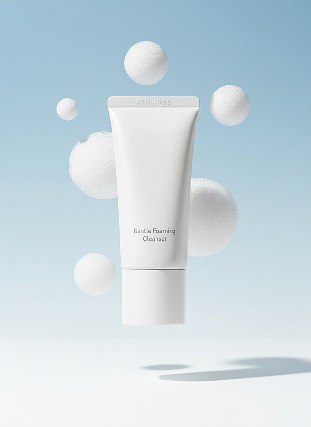 3D轻拟物风格，简约主义设计，清透泡沫粒子环绕洁面乳，营造清新柔和的视觉感受，传递清爽舒适的护肤体验。