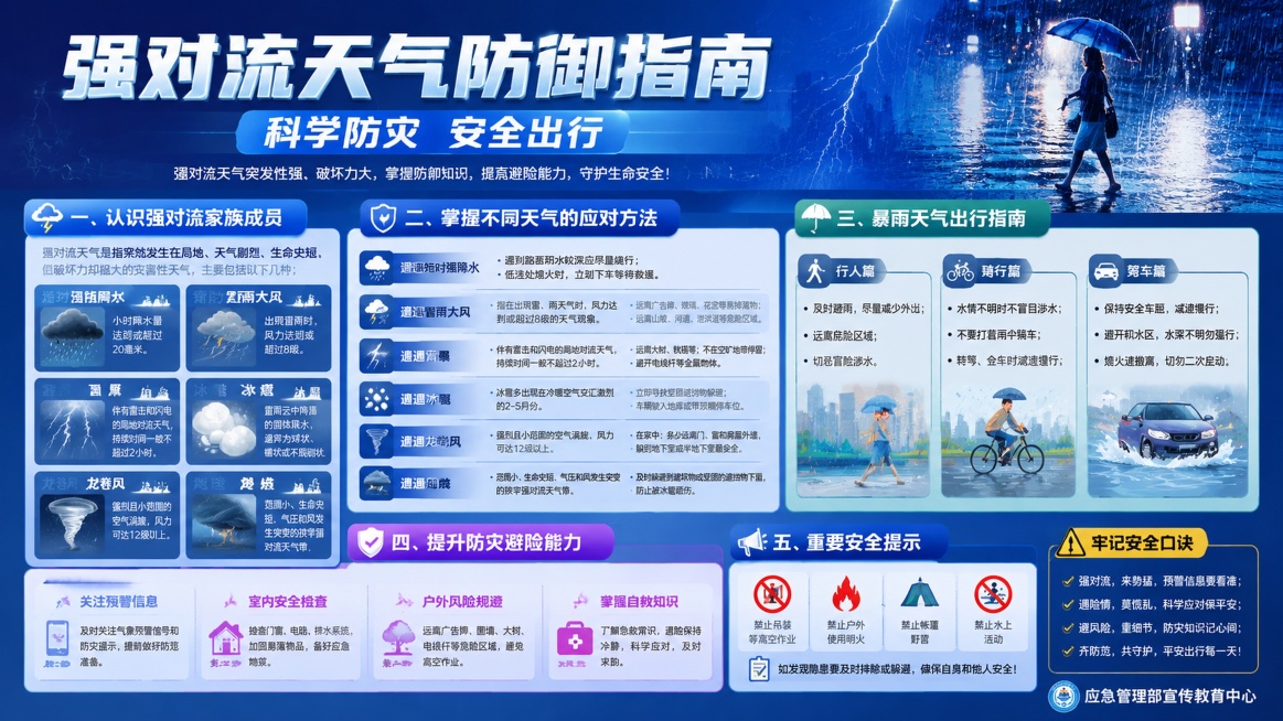 科普宣传海报，整体深邃蓝科技蓝渐变打底，主标题是"强对流天气防御指南"，副标题"科学防灾 安全出行"，整合提取用户提供的10张图片里的核心防御知识，采用分区块清晰排版，版式精美，信息层级分明，文字清晰预览效果