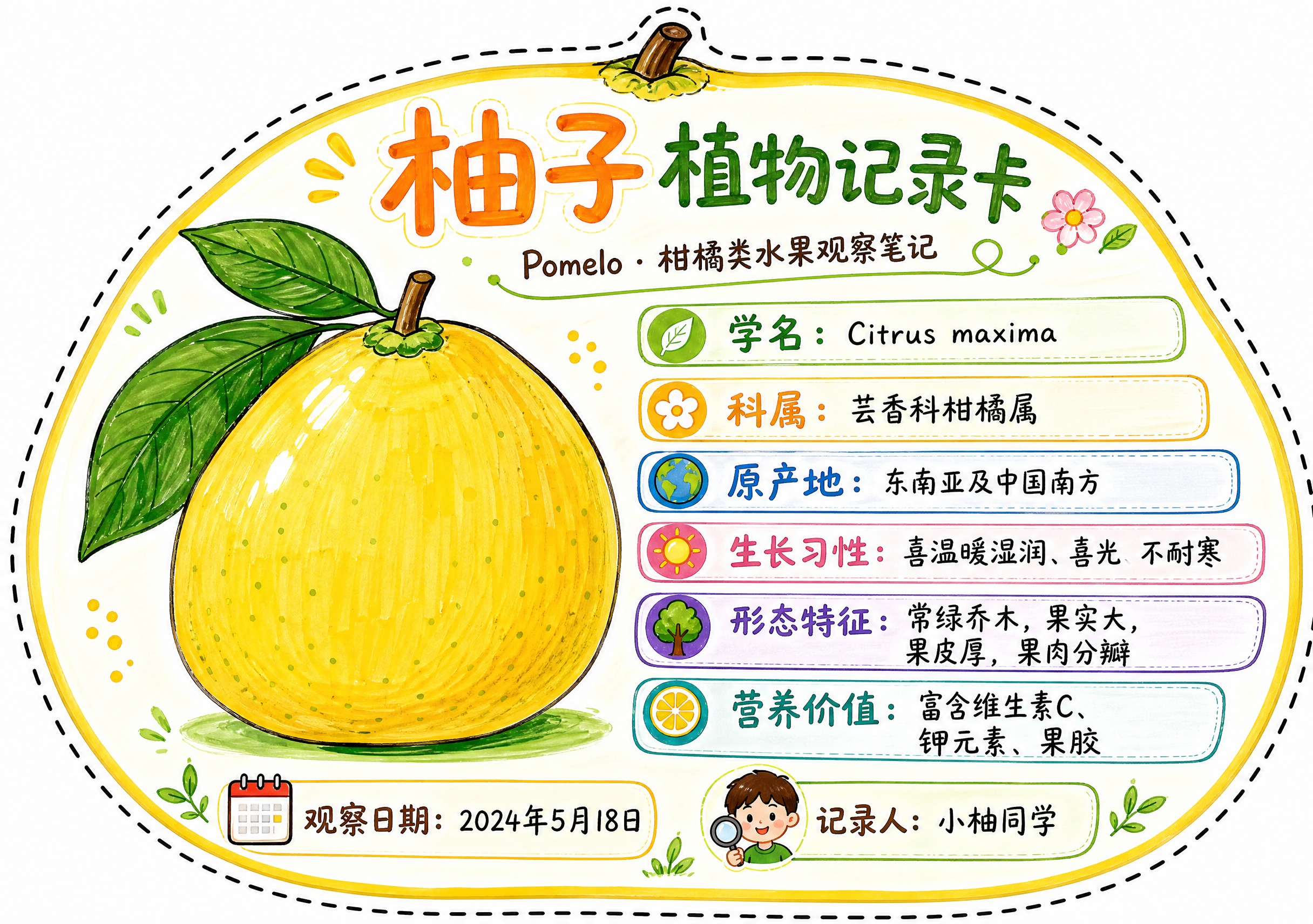一张柚子异形植物记录卡，整体为柚子轮廓造型，沿柚子外轮廓有一圈… - 图片创意预览