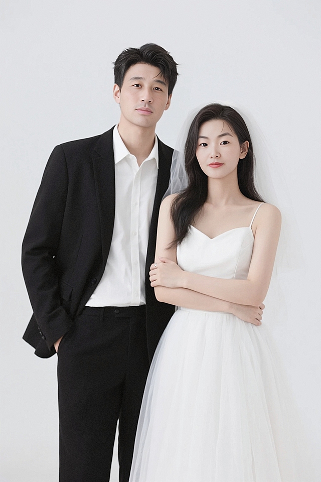 男生在左，女生在右，极简白幕前，男生穿着黑色西装，白色衬衫内衬，女生穿白色婚纱，戴头纱，男生搂着女生的腰，高清半身照