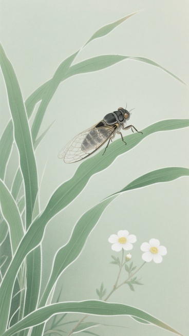 中国传统工笔画风格，画面主体为一只蝉停栖在翠绿的长草叶片上，蝉的翅膀透明带有细密纹理，身体呈灰黑色，细节精致。周围是数片修长的绿色草叶，草叶边缘有轻微的白边勾勒，叶片舒展自然。画面下方点缀着两朵白色小花，花瓣呈圆形，花蕊为淡黄色，花茎细长带有小叶。整体色调以清新的绿色和白色为主，色彩淡雅和谐，线条细腻流畅，构图简洁空灵，营造出宁静自然的氛围，具有东方美学的雅致韵味。预览效果
