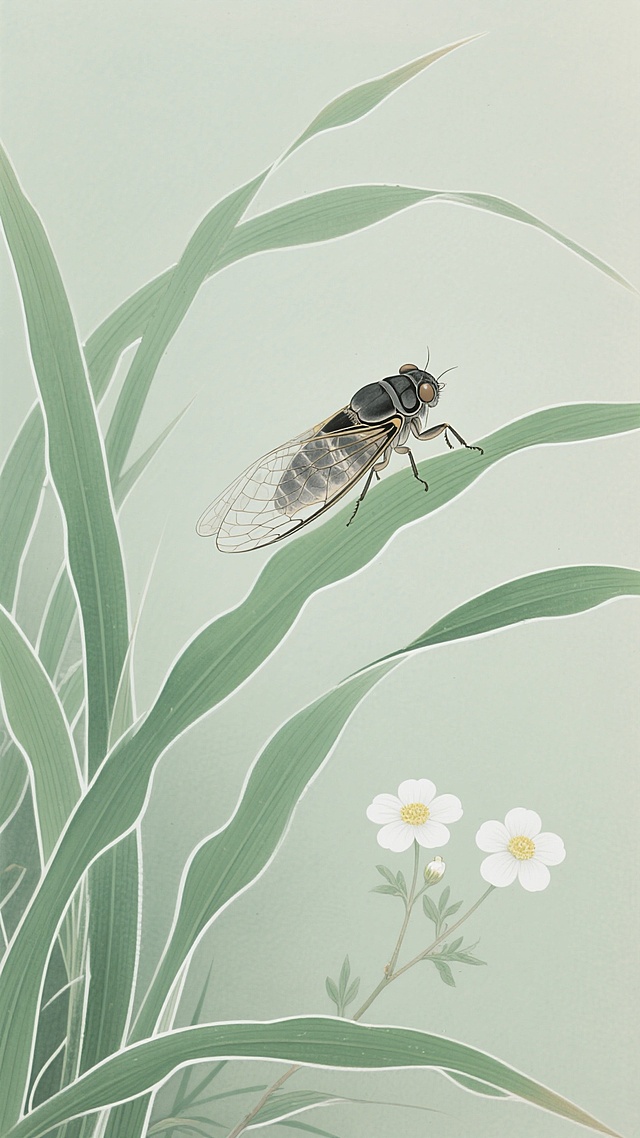 中国传统工笔画风格，画面主体为一只蝉停栖在翠绿的长草叶片上，蝉的翅膀透明带有细密纹理，身体呈灰黑色，细节精致。周围是数片修长的绿色草叶，草叶边缘有轻微的白边勾勒，叶片舒展自然。画面下方点缀着两朵白色小花，花瓣呈圆形，花蕊为淡黄色，花茎细长带有小叶。整体色调以清新的绿色和白色为主，色彩淡雅和谐，线条细腻流畅，构图简洁空灵，营造出宁静自然的氛围，具有东方美学的雅致韵味。