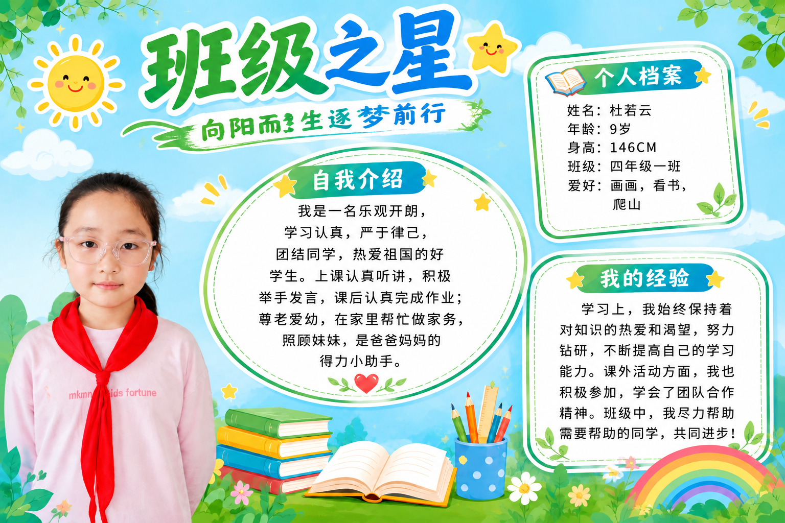 基于参考图的清新校园卡通风格班级之星海报，将三个内容板块改为上… - 图片创意预览