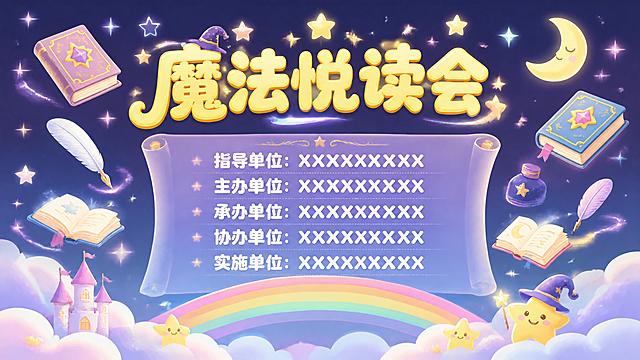 一张童趣魔法风格的活动投屏背景图，主题为「魔法悦读会」。画面采用扁平插画风格，色彩明亮梦幻，充满童趣。背景为渐变的紫蓝色夜空，点缀着闪烁的星星、魔法光点和漂浮的魔法书、羽毛笔、星星月亮等元素，营造奇幻阅读氛围。画面顶部居中是大标题「魔法悦读会」，字体圆润可爱，金黄色渐变，带有魔法光效装饰。画面中央偏下区域整齐排列五行单位信息，每行左侧为标签，右侧为单位名称占位，从上到下依次为：第一行「指导单位：XXXXXXXXXX」，第二行「主办单位：XXXXXXXXXX」，第三行「承办单位：XXXXXXXXXX」，第四行「协办单位：XXXXXXXXXX」，第五行「实施单位：XXXXXXXXXX」，文字为白色圆润字体，清晰易读，行间距均匀。单位信息区域有半透明的魔法卷轴或圆角卡片作为背景衬托。画面底部有装饰性的彩虹、云朵、小星星等童趣元素。整体版式居中对称，正式但不失童趣，适合活动开场投屏展示。画面中所有信息区域必须填充完整合理的内容，不得出现空白框。画面比例16:9，适合大屏投屏。