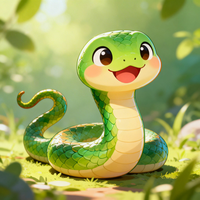 一只快乐可爱的卡通蛇，造型圆润软萌，色彩明亮活泼，整体风格童趣治愈，表情开心俏皮，细节丰富预览效果