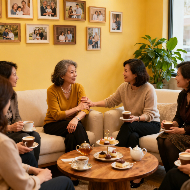 妈妈线下沙龙活动现场图，温馨轻松氛围，多位妈妈交流互动，暖黄色调温馨场地布置，生活化场景预览效果