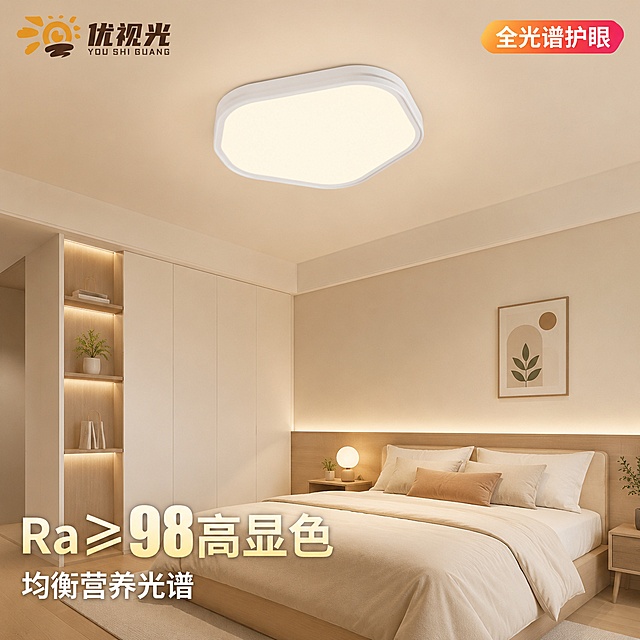 [主图-1] 卧室空间氛围展示优视光海星款吸顶灯。
[氛围风格] 温馨现代简约家居风，舒适居家灯光氛围，真实开灯状态，商业摄影质感。
[画质] 光线柔和通透、产品清晰真实、画面干净高级。
[元素] 吸顶灯安装在现代简约卧室天花板，居中展示，浅色系墙面和木地板，搭配简约床头柜和装饰画营造完整空间氛围。保持海星吸顶灯外观（物理结构、材质质感、颜色可选展示白色款）与输入产品图绝对一致，杜绝任何变形和色差，精细化处理。商品主体占比严格控制在65%左右，画面满屏无边框。左上角保留原品牌优视光Logo，不遮挡产品主体。
[光影] 吸顶灯暖光开启，主光从顶部向下均匀铺洒，墙面地面呈现柔和自然光斑，空间光影层次分明，高光不溢出，暗部有细节，整体通透不灰蒙。
[配色] 主色调浅米白温馨底色，辅助色吸顶灯白色边框，点缀浅木色家具。
[视角构图] 平视微仰视，完整展示吸顶灯与空间关系，前景中景后景分层，景深适中，产品轮廓完整不裁切。
[文字版式] 左上角优视光Logo，右上负空间角标标注全光谱护眼，底部负空间左对齐展示主卖点：大字Ra≥98高显色，换行小字均衡营养光谱，字体粗体清晰，字色与背景强对比，不遮挡产品主体。
[输出要求] 1:1 比例，文字清晰锐利，超高清商业摄影质感；
[负向提示词] 变形，文字错乱，产品图模糊，背景杂乱，水印，电商平台Logo。