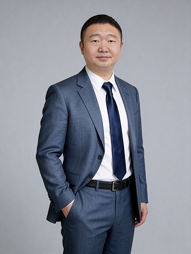 参考第一张图保留人物脸型､发型､年龄等特征生成职场形象照,参考第二张图人物占位和比例,标准焦段50mm,F/4光圈(F/2.8-F/4区间),平视视角(镜头与人物视线齐平);人物占画面70%,人物居中(居中构图),位于画面中心,为视觉聚焦点,入境范围头部及以下至臀部下方10cm(半身像);左右留少量背景空间;头部与画面顶部保留5%空间;头部发型完整,头肩比例协调;身着雾感蓝灰色精纺羊毛混纺西装(面料呈细腻微微哑光质感);内搭高支精梳棉白色衬衫(面料带轻微柔光质感),搭配藏深蓝色真丝缎面领带;下装同色系蓝灰色西裤,深色头层牛皮细皮带(宽度1.5cm),着装正式干练;正式严谨专业稳重,身形匀称,姿态端正｡呈正面单手插兜的站立姿态仅露出手腕部分),肢体自然,自信从容;发梢微微修整干练大气,主体锐利,影棚侧光布光(主光来自画面前方),明暗过渡柔和,背景光线均匀,强化色彩对比的高级感｡简约偏冷调中灰度纯色背景(呈现均匀柔和质感),极简干净;32K画质超高分辨率､细节清晰,现代精致感风格;肤质精细化处理;眼神直视镜头,目光坚定且澄澈,表情自然.嘴角上扬;肌肤白皙透亮,柔光提亮,细腻无瑕,通透高级,干净清透肤质,肤色均匀,柔光美白细腻陶瓷肌肤,自然提亮,光影柔和通透水光肌,肤质细腻平滑干净哑光肤质,无油光无暗沉,肤色均匀提亮;杰作,最佳画质,超高细节,写实摄影,中近景人像,面部清晰,五官精致,皮肤细腻通透,白皙清透皮肤,干净肤色,健康肤色,无蜡黄,无暗沉,无黄皮,柔光,正面补光,面部光线均匀明亮,无浓重阴影,冷色调白平衡,画面干净清新,色调明亮,对焦清晰,肤质细腻,高清皮肤细节;面部光比1:1.5,4800K中性光,微微修饰脸型,肤质哑光细腻,面部雾面柔光,轻透裸肌感,真实毛孔纹理,32K画质,去除人物之外的所有元素｡严格按照第一张图内容生成｡