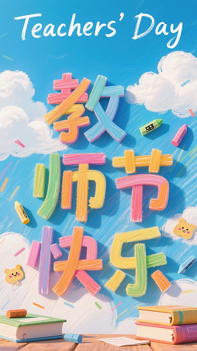 蓝天白云下，立体字 “教师节快乐” 色彩缤纷，书本、铅笔、星星点缀其间，童趣满满，感恩师者如光，照亮成长路。